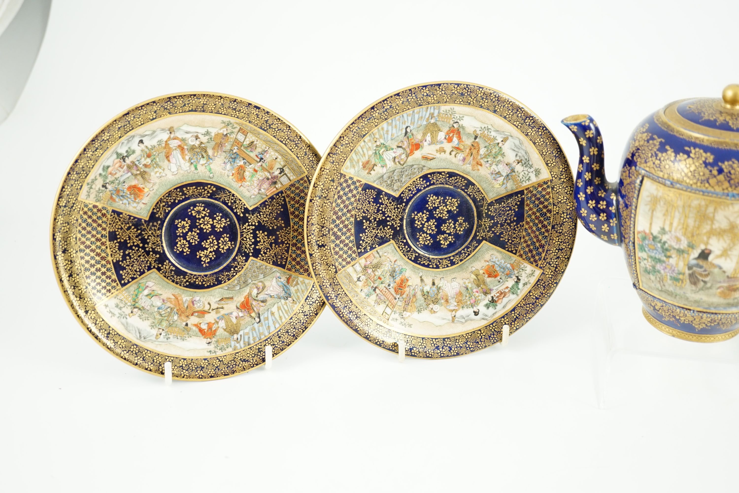 A group of Japanese Satsuma pottery tea wares, by Kinkozan, Meiji period, Saucers 15.2cm